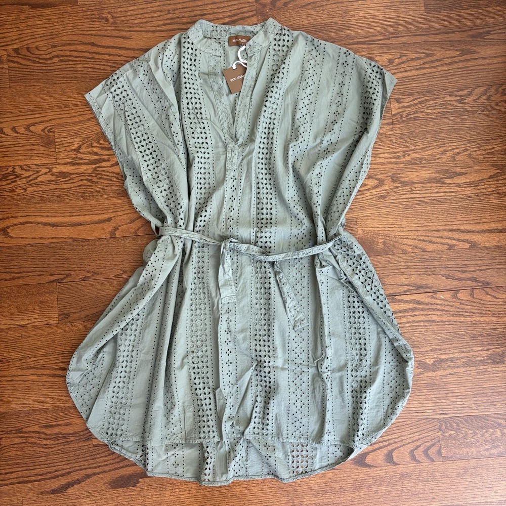 NWT Rugapiana Eyelet Swim Cover Up Dress Olive Green Made In Italy Belted Sheer